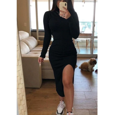 Vestido Mid Manga Longa Gola Alta