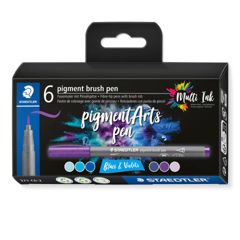 MARCADOR STAEDTLER PIGMENT BRUSH X 6 AZULES Y VIOLETAS - comprar online
