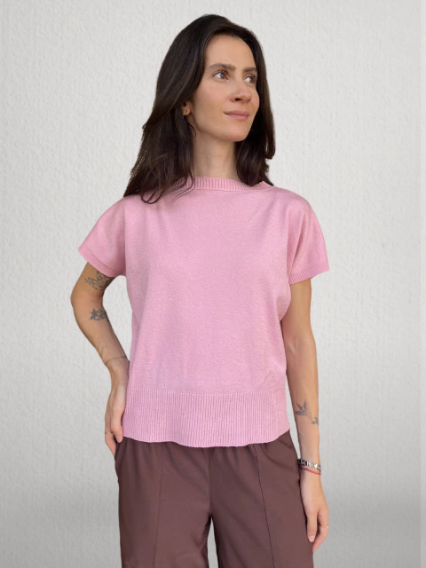 Blusa Brisa Rosa Básica Com Mangas Morcego Em Fio Modal