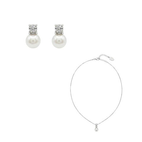 Conjunto Brinco com 1 Cristal e Colar com 2 Cristais e Pérola - comprar online