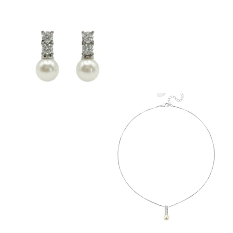 Conjunto Brinco 2 Cristais Colar 3 Cristais e Pérolas
