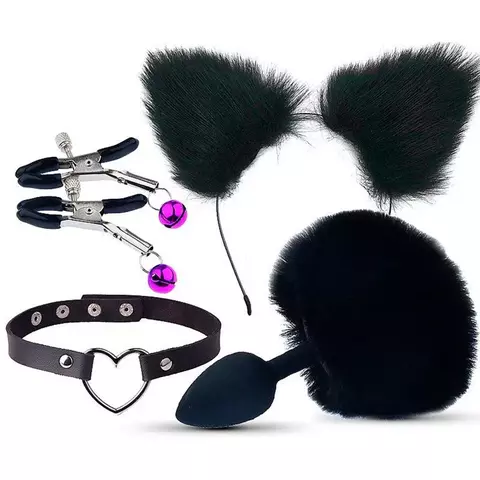 Kit Plug Anal Rabo de Coelho, Tiara de Orelhas, Grampos para Mamilos e Gargantilha