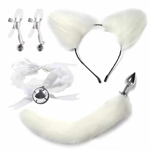 Kit Fantasia Plug Anal Pompom Rabo de Coelho, Coleira, Grampo de Seios e Tiara