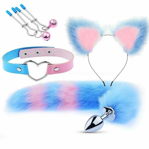 Kit Fantasia Plug Anal Com Rabo De Coelho, Coleira, Grampo de Seios e Tiara