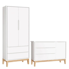 Cômoda com Porta e Guarda Roupa Infantil 2 Portas New Classic Branco com Pés Madeira Natural