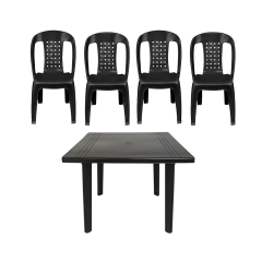 Kit 4 Cadeiras Adulto Vime Bistrô Preta e 1 Mesa Plástica Quadrada Desmontável Preta