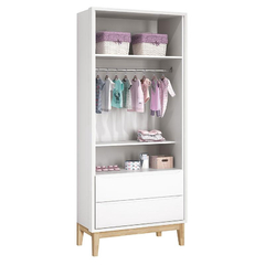 Cômoda com Porta e Guarda Roupa Infantil 2 Portas New Classic Branco com Pés Madeira Natural - comprar online