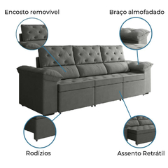 Sofá Retrátil 3 Lugares 2,10m York Suede Cinza - Moritania Moveis e Decoracoes