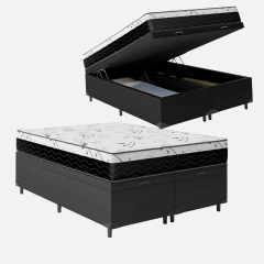 Cama Box Baú Casal 138 Bipartido Tecido Sintético Preto com Colchão One Face D33 - Bello Box - 58x138x188cm