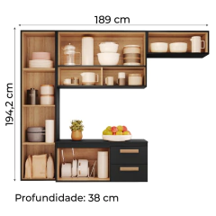 Armário de Cozinha Completa Suspenso com Balcão 4 Portas 2 Gavetas Smart Atacama/Preto na internet