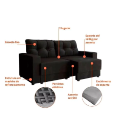 Sofá 2 Lugares Retrátil Lubeck Suede Preto 140cm - comprar online