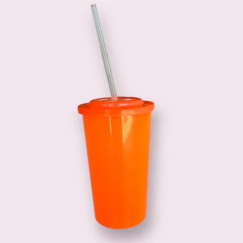 VASO PLASTICO CON TAPA Y SORBETE ECONOMICO 275 CC. NARANJA FLUO - comprar online