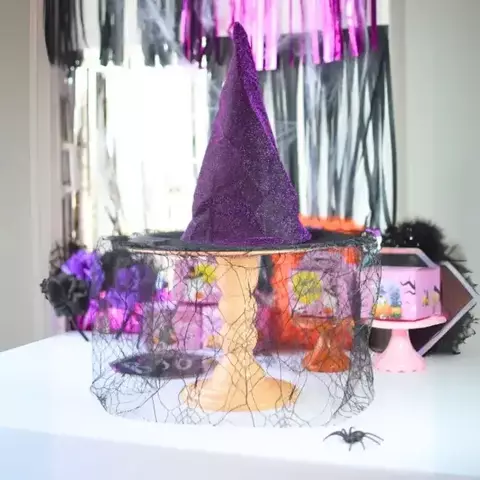 GORRO DE BRUJA LUREX VIOLETA CON VELO - comprar online