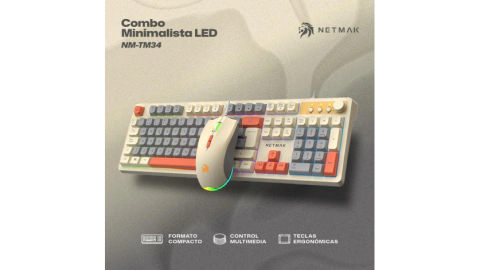 Teclado y mouse con cable diseño multicolor minimalista y con rueda para volumen color blanco -Netmak (NM-TM34)