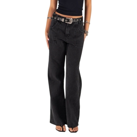 Calça Jeans Black Wide Leg com Bolso Utilitário Mini Teen