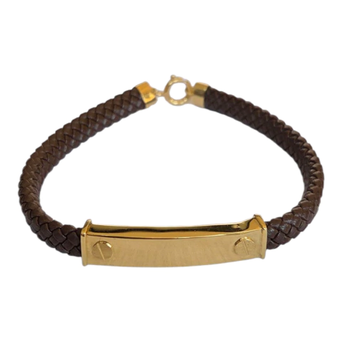 Pulseira Ouro 18k 750 Masculina Couro Natural 6mm Marrom - comprar online