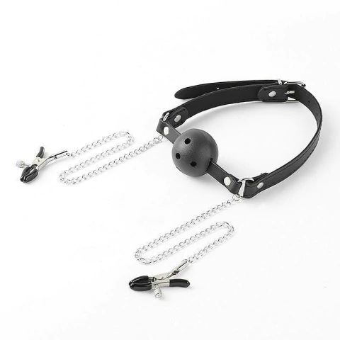 Mordaça com prendedor de mamilo