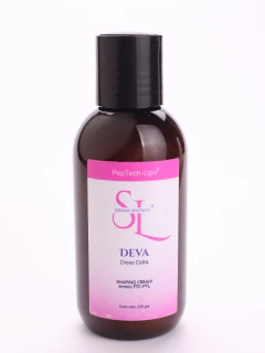 Envase marrón con tapa negra de crema modeladora Deva Sculpt Diosa Celta de 130 gramos