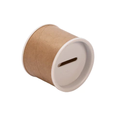 Cofrinho de papelão com tampa branca, medindo 6x5 cm, ideal para economizar.