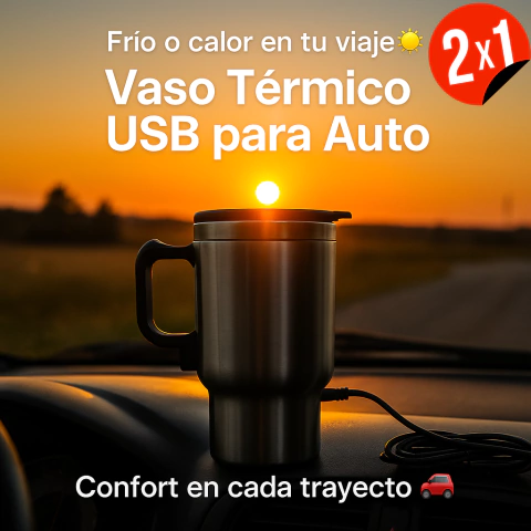 2×1 Taza Térmica Auto 12V/USB de Acero – Frio Calor