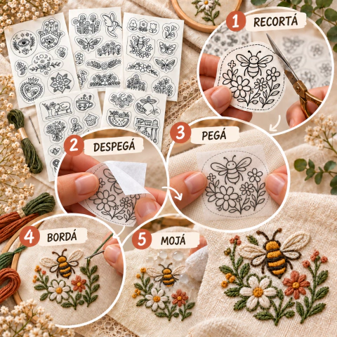 Plancha de parches Hidrosolubles para Bordar – Pack x 8 Diseños