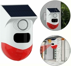 Alarma solar inalámbrica con sensor de movimiento, diseñada para uso exterior, mostrando su panel solar y la capacidad de funcionar en condiciones de lluvia.