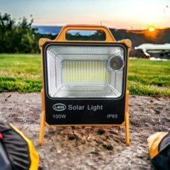 Reflector SOLAR 100W portátil con función de linterna, baliza y cargador USB de celulares