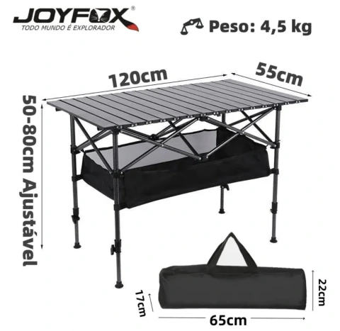 Mesa Camping Dobrável Joyfox Versão G2 Altura Regulável 50-80cm Grande 120x55cm Tampo Reforçado Com Bolsa Oxford Suporta 100kg