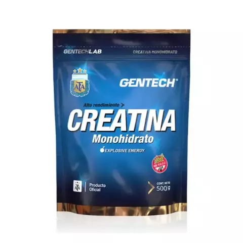 Envase de Creatina GENTECH de 500 gramos, destacando su rendimiento alto y energía explosiva.