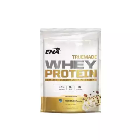 Envase de proteína de suero True Made ENA de 1 libra, con información nutricional visible.