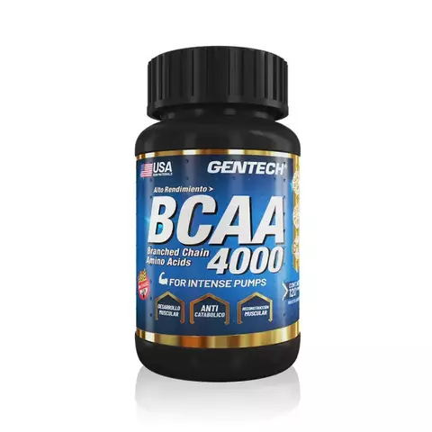Envase de BCAA 4000 GENTECH con 120 cápsulas, resaltando sus beneficios para el desarrollo muscular y la recuperación.