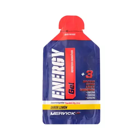 Envase del Gel Energy MERVICK sabor limón, un suplemento energético con cafeína, taurina y ginseng.
