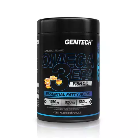 Envase de Omega 3 GENTECH, suplemento de aceite de pescado con 60 cápsulas.