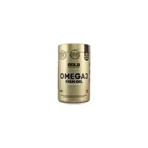 Envase de Omega 3 Fish Oil de Gold Nutrition, con 30 cápsulas, destacando sus beneficios de DHA y EPA.