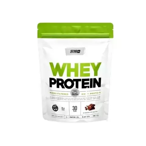 Envase de Whey Protein Platinum STAR de 2 lb con sabor a chocolate, destacando su contenido de 25 gramos de proteína por porción.