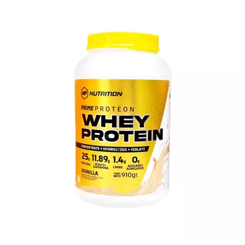 Envase de proteína de suero Proteon NF Nutrition de sabor vainilla, con información nutricional visible.