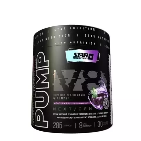 Envase de PUMP V8 de Star Nutrition, suplemento de 285 gramos con sabor a acai, destacado por su rendimiento superior.