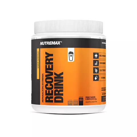 Bote de Recovery Drink NUTREMAX de 540gr, sabor ananá, con etiquetas que destacan sus beneficios como rehidratación y vitaminas.