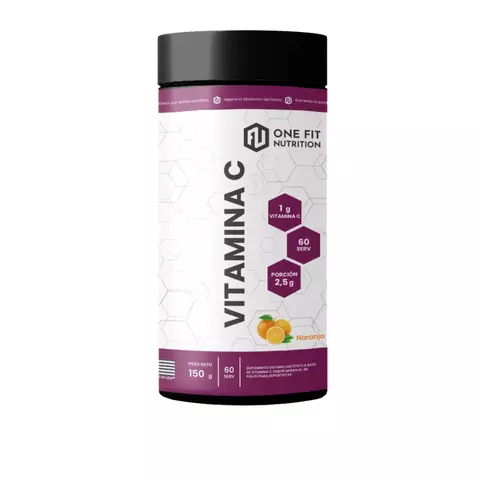 Envase de suplemento en polvo Vitamina C ONE FIT 150 gramos sabor naranja