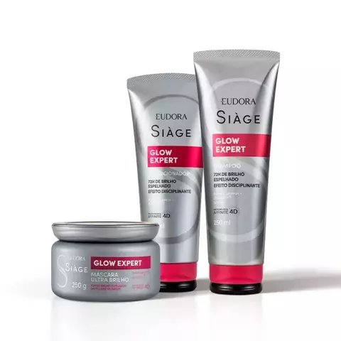 KIT GLOW EXPERT SHAMPOO 250ML+CONDICIONADOR 200ML+MASCARA 250G + BALM DISCIPLINANTE 100ML SIAGE EUDORA