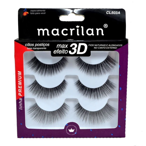 CILIOS POSTIÇOS FIOS NATURAIS E ALONGADOS NO CANTO EXTERNO CL503A 3 PARES MACRILAN