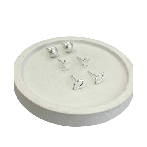 Trio de Brincos Folheado a Prata - Círculo com textura / Estrela Lisa / Boca Vazada