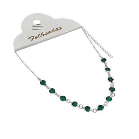 Colar Choker Folheado a Prata - Cravejado Círculos Verde Claro