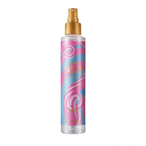 Splash Colonia Taste POP 200ml de Cyzone, tarro de plástico con dibujos rosa y azul, tapa dorada.