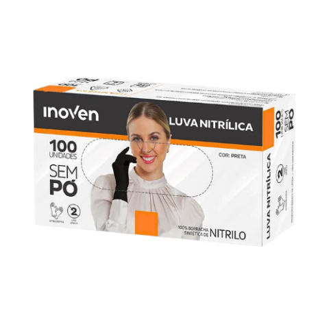 Luva Descartável Inoven de Latex Nitrílica Sem Pó Preta 100 Unidades
