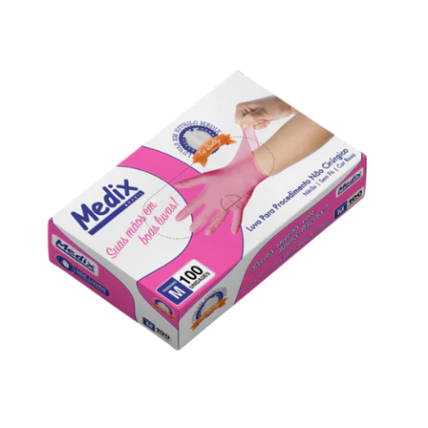 Luva Descartável Medix de Latex Nitrílica Sem Pó Pink 100 Unidades