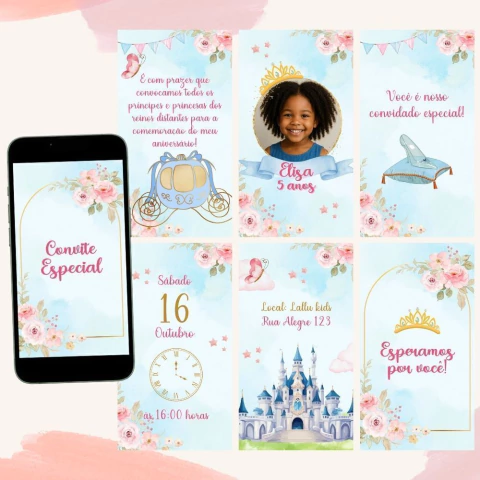 Convite animado Cinderela azul e rosa - comprar online