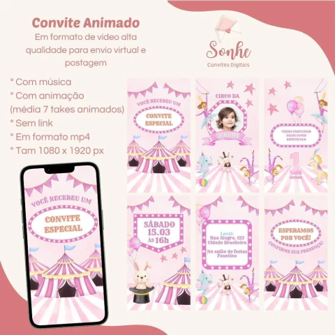 Convite animado Circo rosa - comprar online