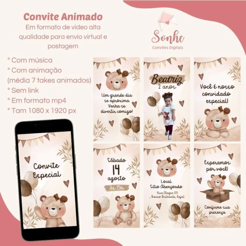 Convite animado Ursinho Neutro - comprar online