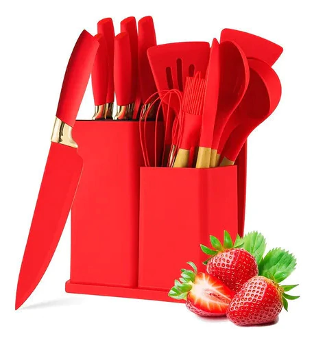 Set 19 Utensilios De Cocina Mango Madera Punta Silicona Rojo